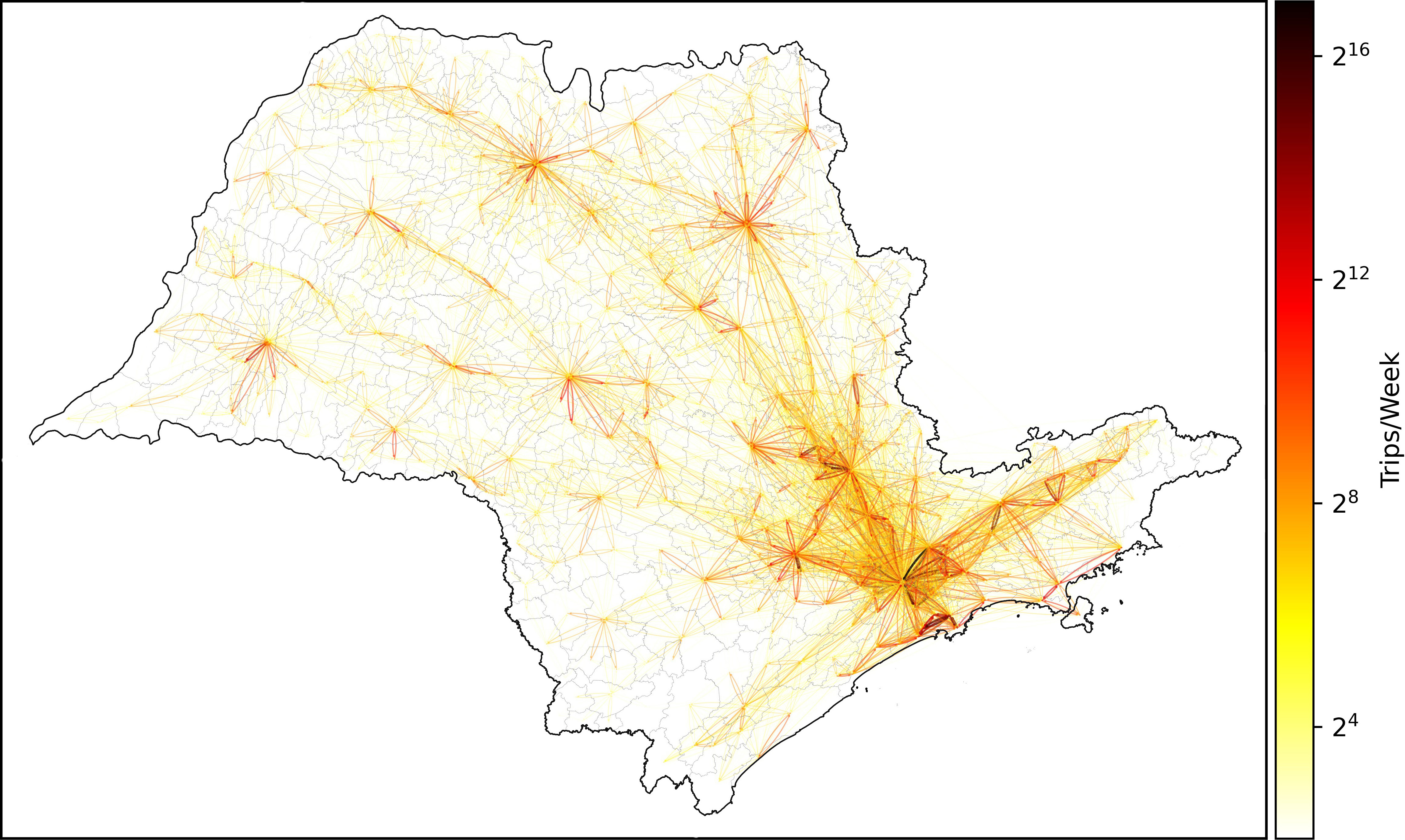 <strong>Figure 2.</strong> Daily commute patterns from different cities in the state of São Paulo, Brazil. Figure courtesy of Pedro da Silva Peixoto and [9].