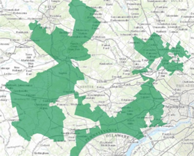 The much talked about gerrymandered previous Seventh Congressional District of Pennsylvania, which was nicknamed "Goofy kicking Donald Duck."