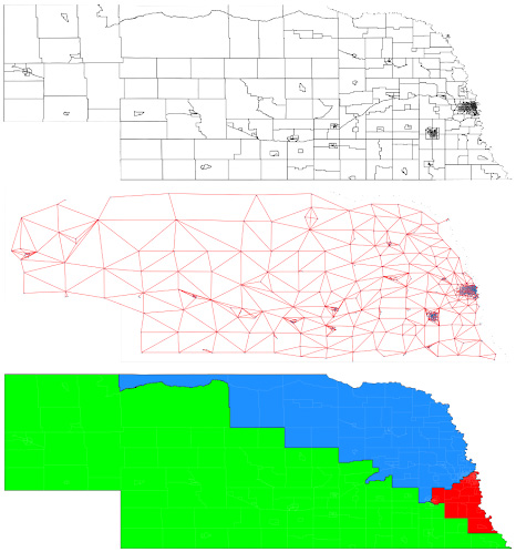 <strong>Figure 1.</strong> Example of census tracts, adjacency graph, and district plan with \(k=3\) for Nebraska. Figure courtesy of Wes Gurnee.