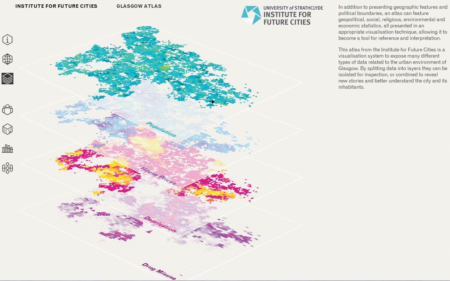 <strong>Figure 1.</strong> Multiplex visualization of population density, housing cost, deprivation, and drug-use levels across the city of Glasgow, Scotland.© LUSTlab/Institute for Future Cities, University of Strathclyde. Reproduced with permission.