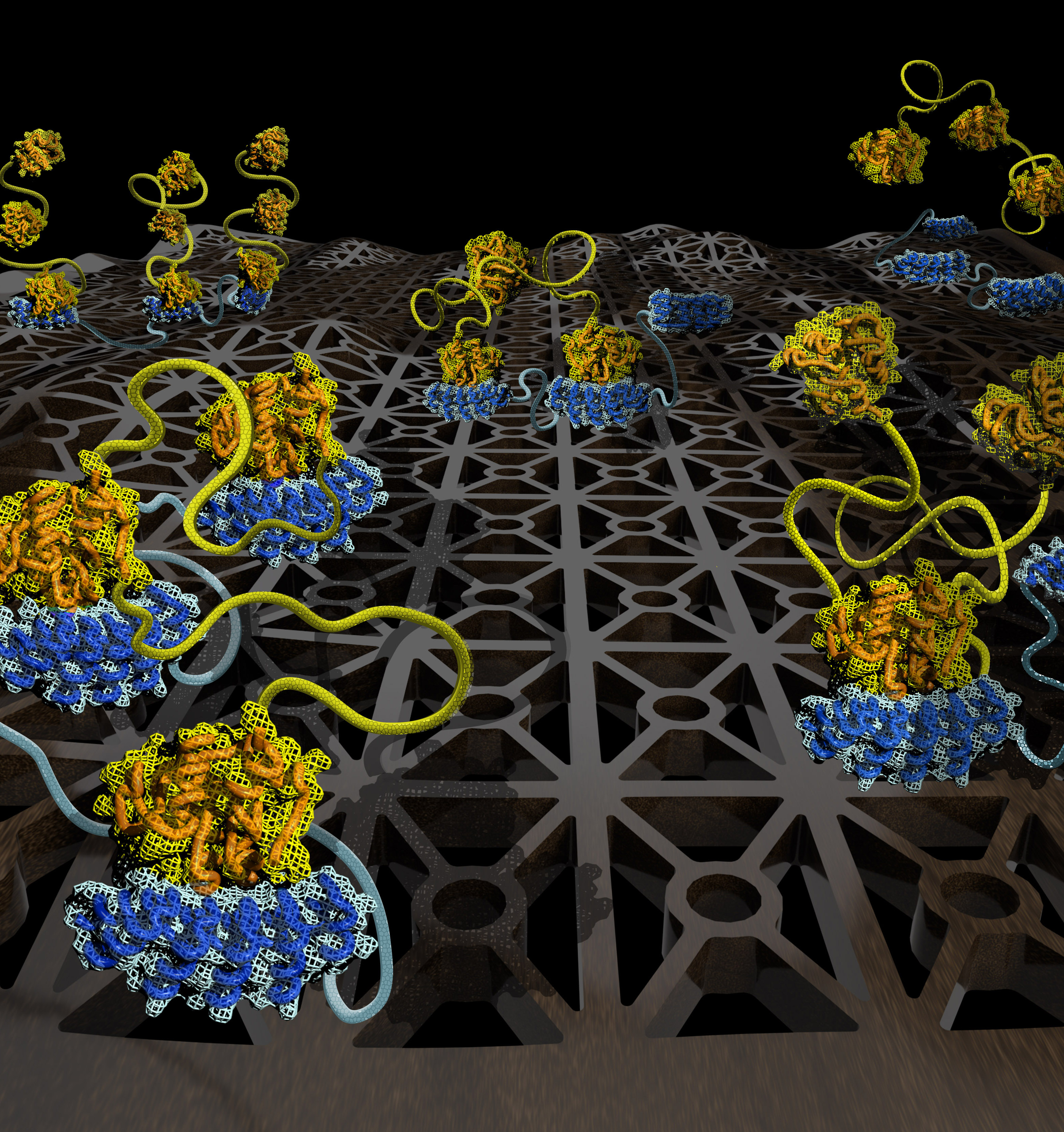 <strong>Figure 1.</strong> A few of the 78 unique, structural configurations that a molecular interaction can sample when both the ligand (yellow) and receptor (blue) have three binding sites (i.e., they are trivalent) tethered through linkers. More configurations arise as more binding sites are added. These configurations become more accessible with increasing linker flexibility. Image courtesy of Errington et al., University of Minnesota.