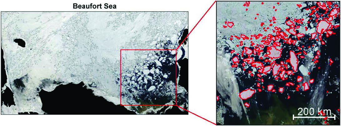 <strong>Figure 1.</strong> A true-color image of sea ice in the Beaufort Sea from the Moderate Resolution Imaging Spectroradiometer. The image is oriented 90 degrees from standard polar stereographic coordinates so that the top is roughly north. The red box outlines the observed marginal ice zone (MIZ), and the inset on the right provides a close-up view of the MIZ on June 26, 2008; individual sea ice floes are outlined in red. Figure adapted from [1].