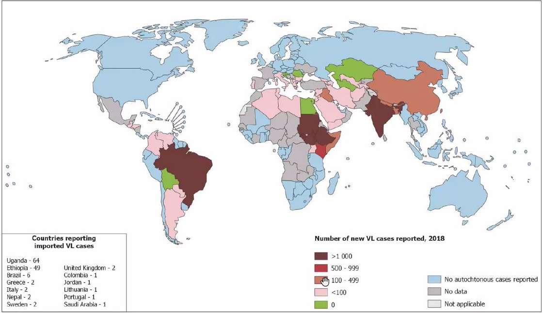 <strong>Figure 1.</strong> Status of endemicity of visceral leishmaniasis (VL) worldwide.