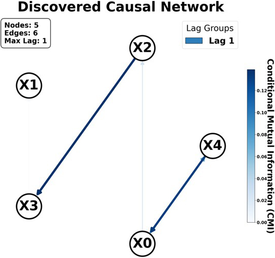 <strong>Figure 2.</strong> Example figure that was generated with the CausationEntropy library. This image is available in our <a href="https://colab.research.google.com/github/Center-For-Complex-Systems-Science/causationentropy/blob/main/notebooks/Quickstart.ipynb" target="_blank">quick start notebook</a>, courtesy of [3]. 