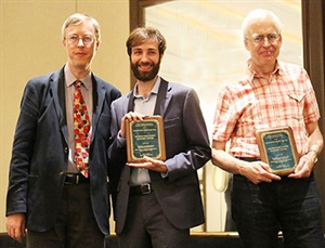 Michele Palladino (center) and Richard B. Vinter (right) received their award plaques from SIAM President Nicholas J. Higham at the AN17 Prizes and Awards Luncheon.