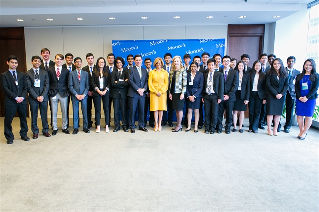 Students from 6 finalist teams, with select Moody's Executives at the final event on April 24, 2017.