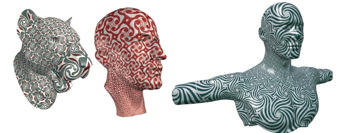 Conformal projections of two-dimensional patterns onto surfaces of three-dimensional objects. Image credit: Peter Schröder