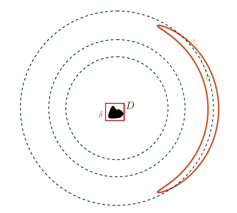 The simulated fish collects data about the target object (in the center) while swimming in multiple orbits at different length-scales (dotted lines). Figure courtesy of Lorenzo Baldassari and Andrea Scapin.
