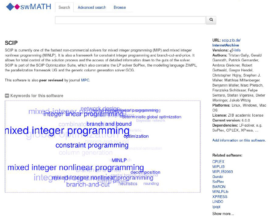 <strong>Figure 1.</strong> swMATH aims to provide a broad overview of existing mathematical software. For instance, a search for “integer programming” produces a list of software that includes SCIP, Gurobi, and CPLEX.