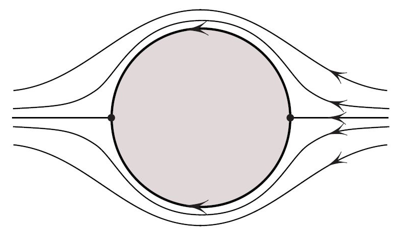 <strong>Figure 4.</strong> An instantaneous snapshot of the ideal fluid in the cylinder’s reference frame (shown with zero circulation).