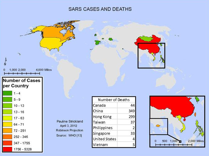 Map of the distribution of SARS during the 2002-2004 outbreak. Image courtesy of Wikimedia Commons.