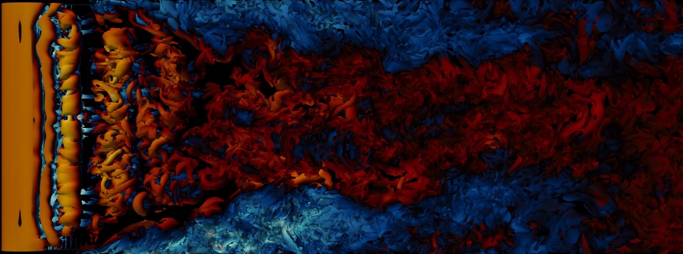 <strong>Figure 5.</strong> Direct numerical simulation of bileaflet mechanical heart valve in an anatomically correct aortic root (340 mio grid points; 20 GPUs of Cray XC40/50).