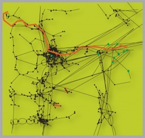 Bonneville Power Administration shown in outline under 9% wind penetration, where green dots mark actual wind farms. Image courtesy of SIAM Review, 56(3), 461–495