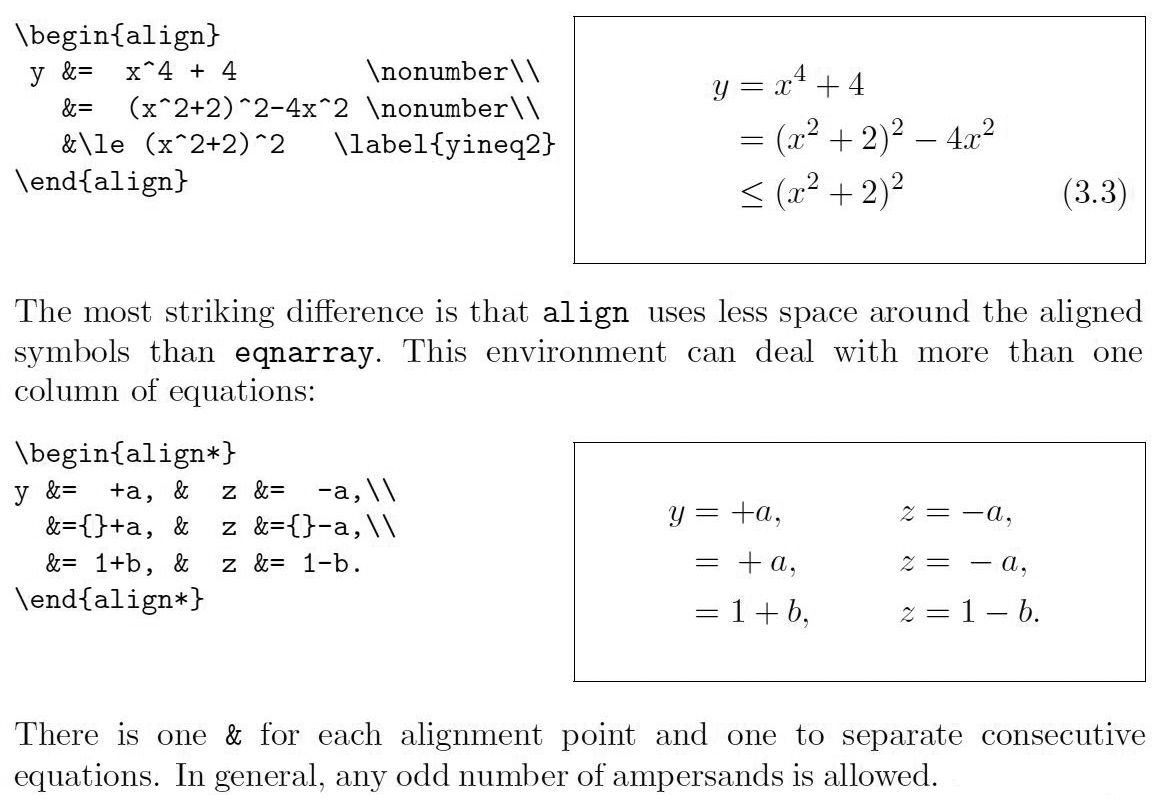 <strong>Figure 1.</strong> Extract from section 3.5 on “Equation Environments,” which demonstrates how the general text of <em>Learning LaTeX</em> mixes with the LaTeX examples.