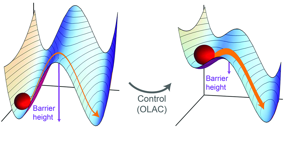 <strong>Figure 1.</strong> Attractor landscape and control of a network dynamical system. Left: A system initially in the left stable state will eventually undergo a noise-induced transition and will traverse the minimum action path (orange) through the lowest barrier to another attractor. Right: Optimizing the system parameters to lower the barrier height reshapes the landscape topography and substantially increases the probability of the transition.