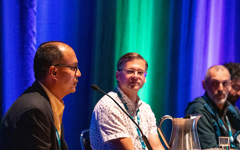 From left to right: Pablo Moriano of Oak Ridge National Laboratory, Stéphane Gaudreault of Environment and Climate Change Canada, and Stéphane Alarie of Hydro-Québec converse during a career-based panel discussion at the Third Joint SIAM/CAIMS Annual Meetings, which were held this summer in Montréal, Québec, Canada. The panelists spoke about their respective experiences in industry, government, and the national laboratories while fielding questions from the audience. SIAM photo.