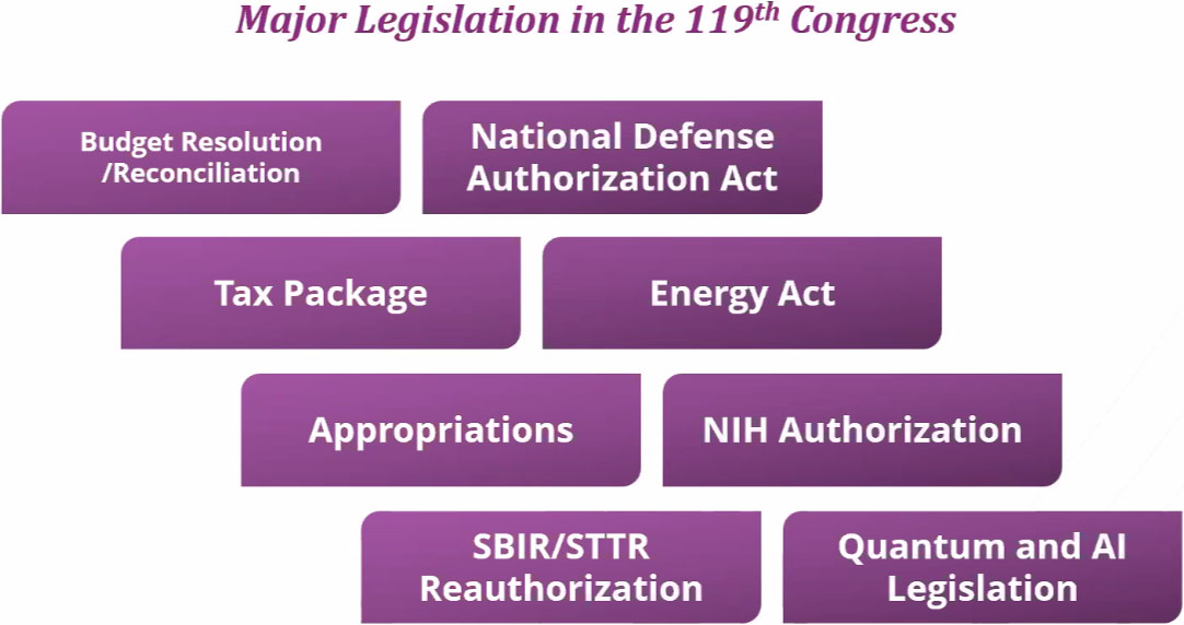<strong>Figure 2.</strong> The current U.S. congressional term will address a number of major legislative issues, several of which are of interest to the SIAM community. Figure courtesy of Miriam Quintal and Lewis-Burke Associates LLC.
