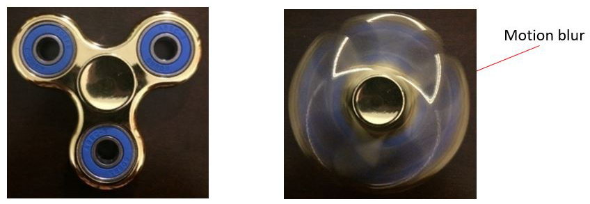 <strong>Figure 2.</strong> Example of motion blur in images. <strong>2a.</strong> Stationary fidget spinner. <strong>2b.</strong> Rotating fidget spinner.