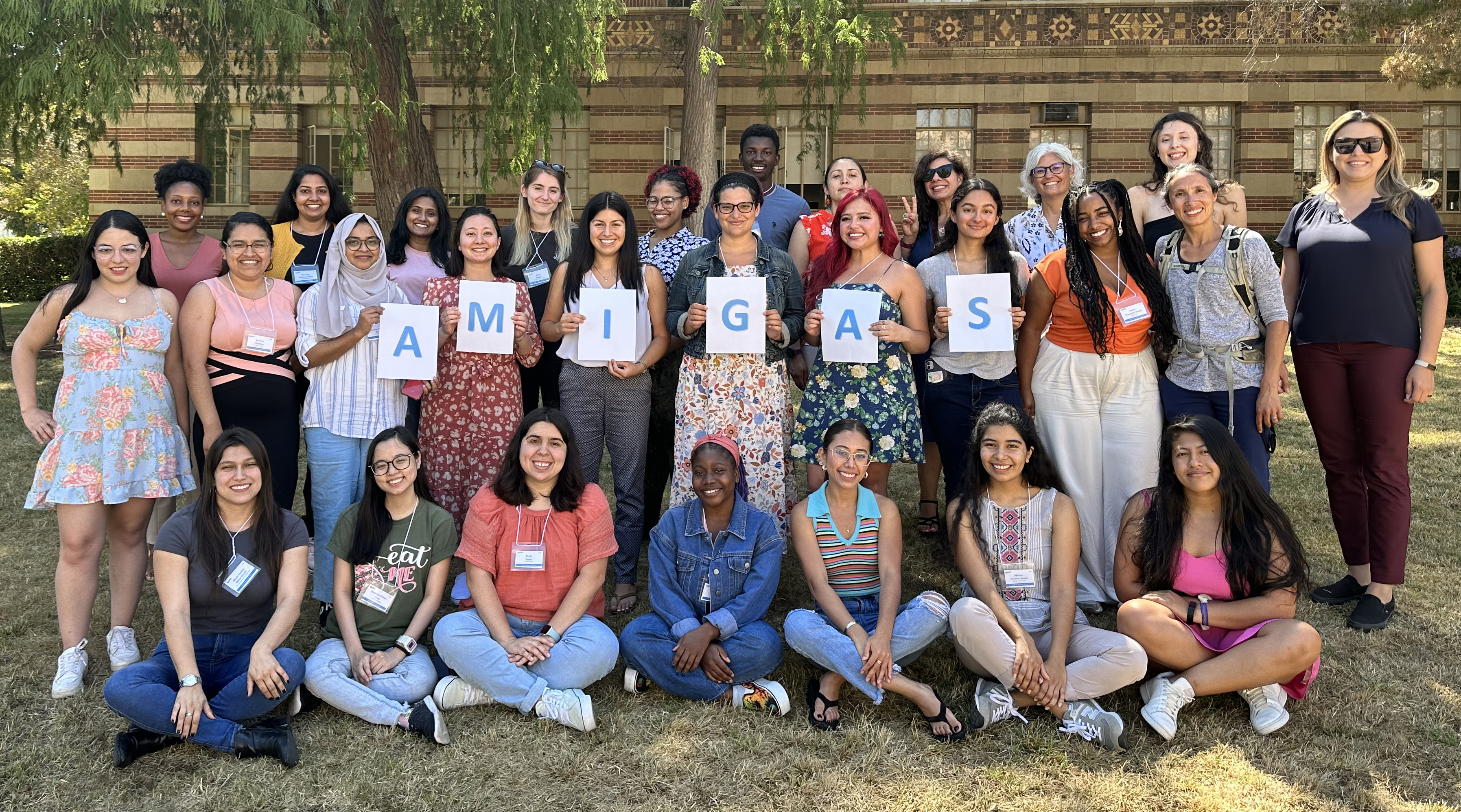 Participants of the first Applied Mathematics Skills Improvement for Graduate Studies Advancement (AMIGAs) program, which took place in July 2023 at the Institute for Pure and Applied Mathematics (IPAM) in Los Angeles, Calif., gather for a group photo. Photo courtesy of IPAM.