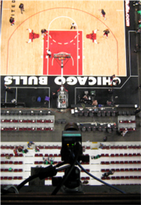 A SportVU camera perched high in the United Center arena in Chicago, Illinois.