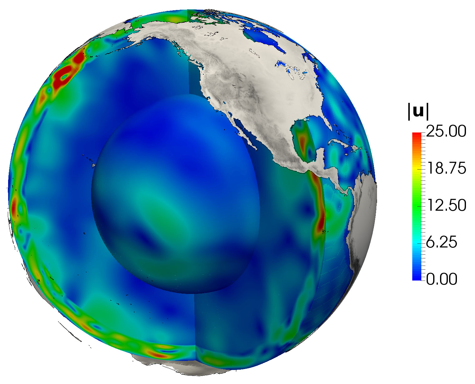 &lt;strong&gt;Figure 3.&lt;/strong&gt; Flow speeds in a mantle convection model that is computed with hierarchical hybrid grids. Image courtesy of [1].