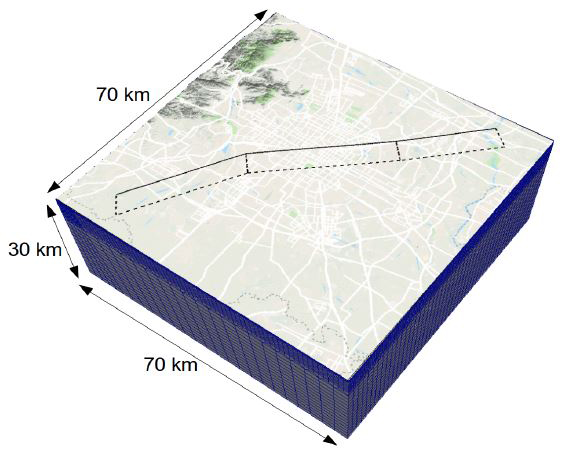<strong>Figure 2.</strong> Three-dimensional computational model for the Beijing area. Black segments represent the location of the Shunyi-Qianmen-Liangxiang fault. Figure courtesy of Ilario Mazzieri.