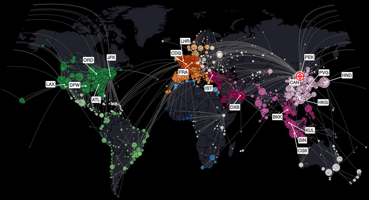 <strong>Figure 1.</strong> Most likely transmission routes of COVID-19 cases originating in Beijing, China, as predicted in February 2020. Figure courtesy of Dirk Brockmann and [1].