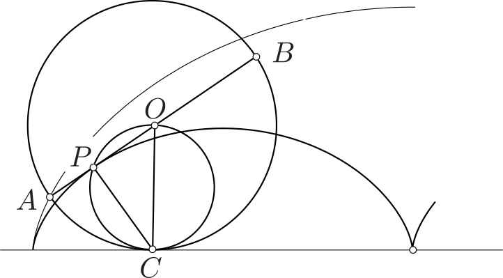 <strong>Figure 3.</strong> The envelope of the family of diameters is a cycloid of half the size of the cycloids generated by the diameter’s endpoints.