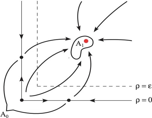 <strong>Figure 2.</strong> Uniform persistence of the disease in the environment. The function \(\rho\) represents the maximum of infectious compartments \(y_1\) and \(y_2\). The axes represent the values of \(y_1\) and \(y_2\). The origin point is the disease-free equilibrium, where neither strain is present. The \(y_j\) axis represents where the strain \(j\) infectious population is nonzero and the strain \(k\) infectious population is nonexistent. Uniform persistence means that \(\rho\) will stay near these boundaries (i.e., within \(\epsilon\) of the axes) for only a finite period of time before it is drawn to the interior set, where both strains coexist. Figure courtesy of [5].