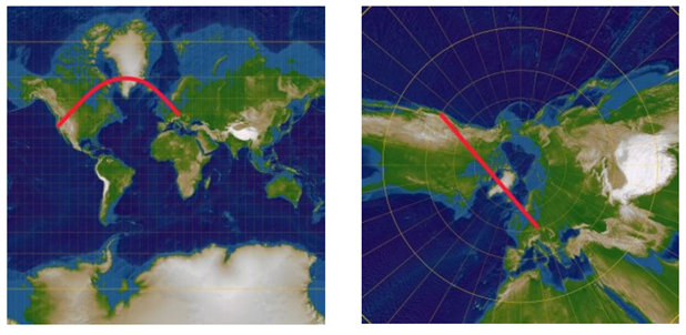 Left: Mercator projection Right: Gnomonic projection. Image credit: Wikimedia Commons