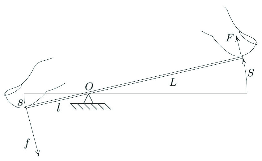 <strong>Figure 1.</strong> The left finger pushes with force <em>f</em>; the right finger is being pushed with force <em>F</em>.