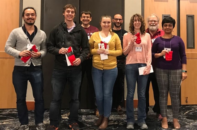 Five of the seven poster prize winners pose with their coveted red socks at the 2019 SIAM Conference of Applications of Dynamical Systems. Front row (left to right): Andrus Giraldo (University of Auckland), Stefan Awender (University of Alaska Fairbanks), Brittany Lemmon (University of Nevada, Reno), Rebecca Santorella (Brown University) and Priya Subramanian (University of Leeds). Back row (left to right): chief judge Alan Champneys, chief judge Alberto Carrassi, and James A. Yorke (for whom the prize is named).