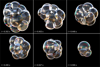 <strong>Figure 1.</strong> Reflections on an evolving bubble cluster, combining macroscopic rearrangement, drainage of lamellae, and rupture [3].