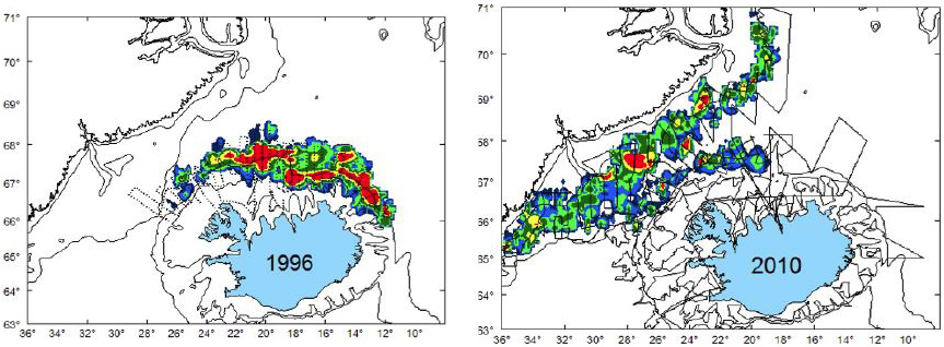 <strong>Figure 2.</strong> Comparison of capelin distribution between fall of 1996 and fall of 2010, based on acoustic measurements. The location of the schools’ distribution has moved towards Greenland. Figure courtesy of [2].