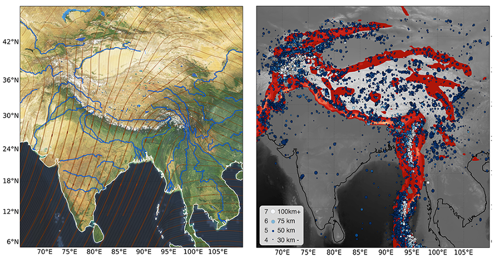 <strong>Figure 2.</strong> One of the most dramatic departures from plate-like deformation on Earth occurred where the Indian subcontinent collided with the Eurasian continent. The map on the left is a satellite image with the flow lines from the plate motion vector field drawn in red. On the right is the same region showing 50 years of earthquake data for events larger than magnitude 4.5, colored by depth and superimposed on the strain rate.